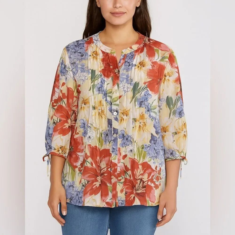Tommy Bahama Floral Blouse Size M Red Yellow Blue 3/4 Sleeve Button Front Top